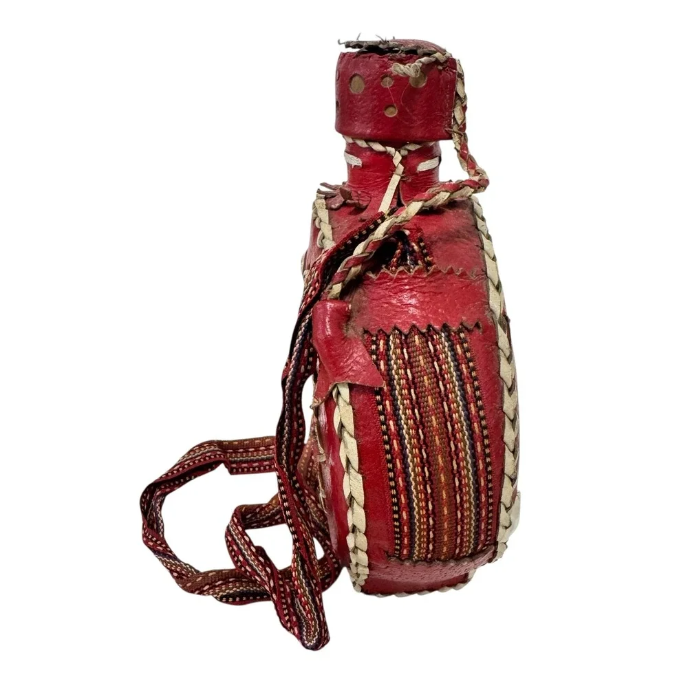 Vintage Red Leather Wrapped Glass Canteen Woven Strap Southwestern Folk Art Boho